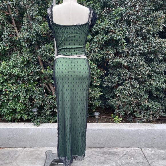 Cider Green Black Floral Mesh Two Piece Skirt Top Set Whimsygoth Emo Goth S/M - Picture 3 of 11